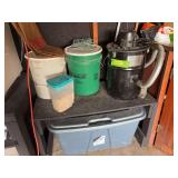 Metal stove vac, 5 gal buckets, and large storage tote