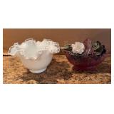 Fenton silver crest ruffled edge bowl and small basket