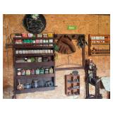 Spice tins, ball glove and wall shelves
