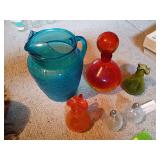 Five pieces crackle glass and blue pitcher
