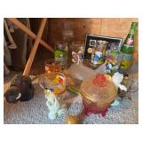 Character glasses and mugs, Notre Dame 7up bottle, Avon bottles, hen on nest, etc