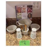 Longaberger stoneware and a book