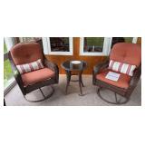 Pair of plicker swivel patio chairs and matching side table