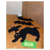 Cats on pillow figurine and black felt scaredy cat with felt bats