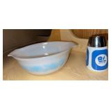 Glasbake “Blue Thistle” pattern Cinderella mixing bowl and Dispensers Inc “Blue Morning Glory” pattern sugar dispenser