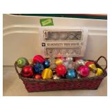 Old bulbs, many marked Made in USA, and box of pine cone shaped tree lights
