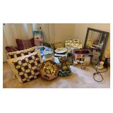 Cake molds, wall mirror, throw pillows, anniversary clock, mismatched pitcher & basin, candles and more