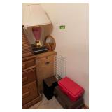 In corner includes file cabinet, paper trays, lamp, carry boxes, etc