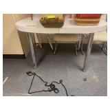 42x50 chrome leg table with 4 coordinating white leather? chairs