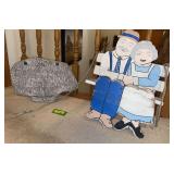 Memory stone w stand and grandma & grandpa on swing (meant to hang from tree, but rope is broken)