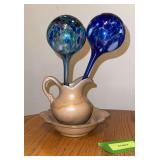 Frankoma pitcher and basin with two water globes