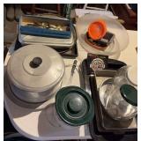 Kitchenwares, small tupper, cake pan, vintage flatware, counter jars