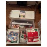 Three totes w wrapping paper, etc