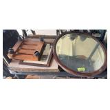 24 x 30 oval, oak framed beveled edge mirror and framed pictures