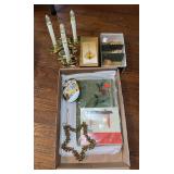 Hallmark ornament, glass bulbs, star of bells, window candles, mantle runner