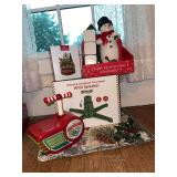 Hallmark decor as shown, table runner and rotating Christmas tree stand, appears NIB