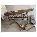 Cast iron 2 burner stove, level, and old scales