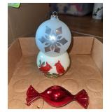 Margaret Cobane glass ornament, cardinal candle holder and glass bulb w snowflake design