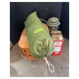 Picnic basket, tent, lantern and fuel