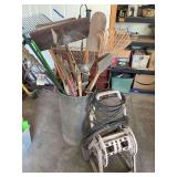 Long handled tools, air hose and hose reel