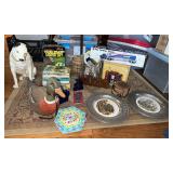 Books, Victrola dog (leg has been repaired), die cast semi, nut cracking tools, poker set, poker chip rack, etc