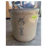 5 gallon Buckeye Pottery Blue Ribbon Brand crock