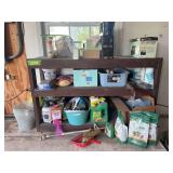 3 tier wood shelf and gardening supplies