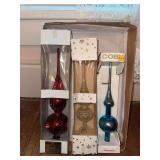 Three glass Christmas tree toppers Red one made in Czech, blue one USA made