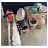 Hedge trimmer, jars, bowl, and more
