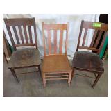 Oak sewing rocker and 2 oak straight chairs