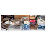 Trivets, light bulbs, clothes brushes, clock, oak footstool and MORE all on table