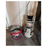 Snowman chimney 20” tall and Xmas tin with buttons