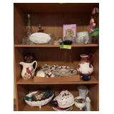 Bottom 3 shelves includes hand painted dish set, milk glass, clear glass and more