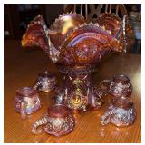 Marigold punch bowl w base and six cups