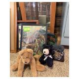Bear decor includes stuffies, wall art, figurine and plate