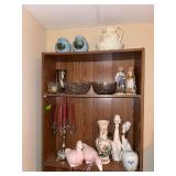 On shelf includes clear glass, hand painted china, vases, figurines, pitcher & basin, etc