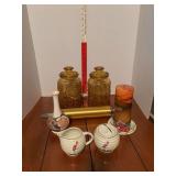 F&F candleholder, amber glass canisters, rolling pin, Royal Haeger vase, matching cream and sugar