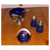 Blue & clear glass paperweight, small blue shakers and blue condiment bowl w holder and spoon