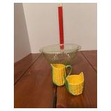 Green glass footed bowl w Shawnee style mini cream and sugar