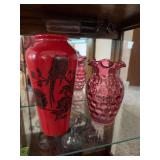 Cranberry coin dot vase w ruffled edge and red vase w bird design “B”