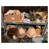 Two shelves Christmas decor, table lamps, toys, decor, etc
