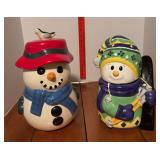 Two snowmen cookie jars, red hat is a Pfaltzgraff