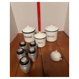 Enamel canisters (modern) and vintage aluminum shakers, made in Sweden enamel funnel