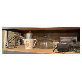 Vintage cameras, small desk lamp, cake plate w dome, percolator