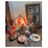 Cardinal decor includes fiber optic lamp and signed “The Gathering” print by Rick Kelley