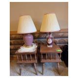 Pair of hard rock maple end tables 22x17x24H and two mismatched table lamps w matching shades