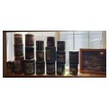 Several decorative tins and framed Terry Redlin 2003 calendar cover?