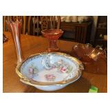 Hand painted bowl, marigold swung glass vase, marigold punch bowl base and marigold bowl