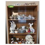 Top 4 shelves includes hobnail milk glass vase, china sets, cardinal decor, etc