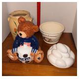 Three cookie jars includes Oreo bear, stoneware jar missing top and chipped, Christmas cookie jar missing top and probably the top of a McCoy cookie jar